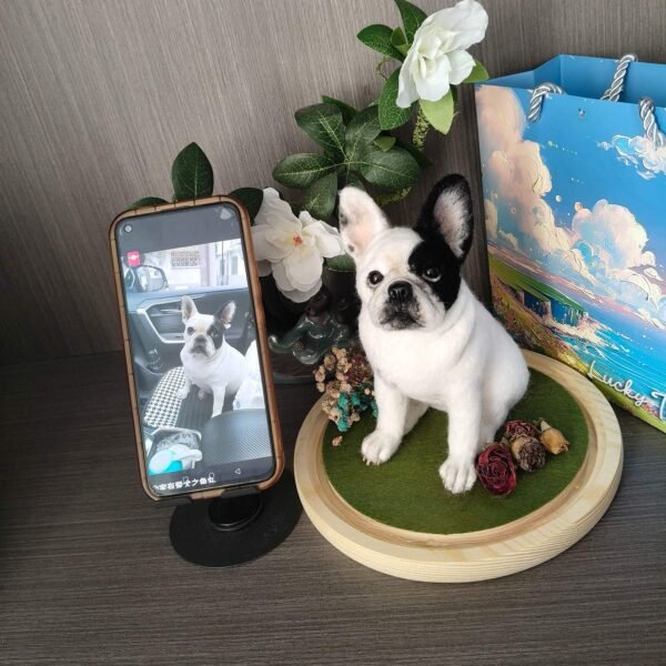 Custom French Bulldog wool felt statue, realistic handmade pet replica with phone size comparison, personalized memorial keepsake