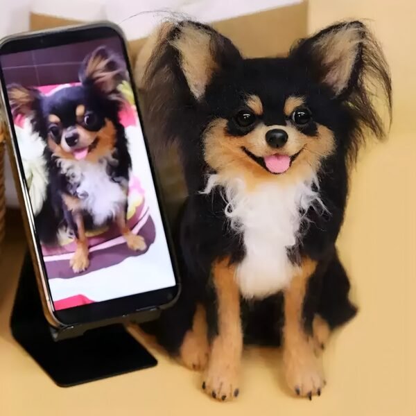 Custom long-haired Chihuahua wool felt statue, realistic handmade pet replica with phone photo comparison, personalized keepsake