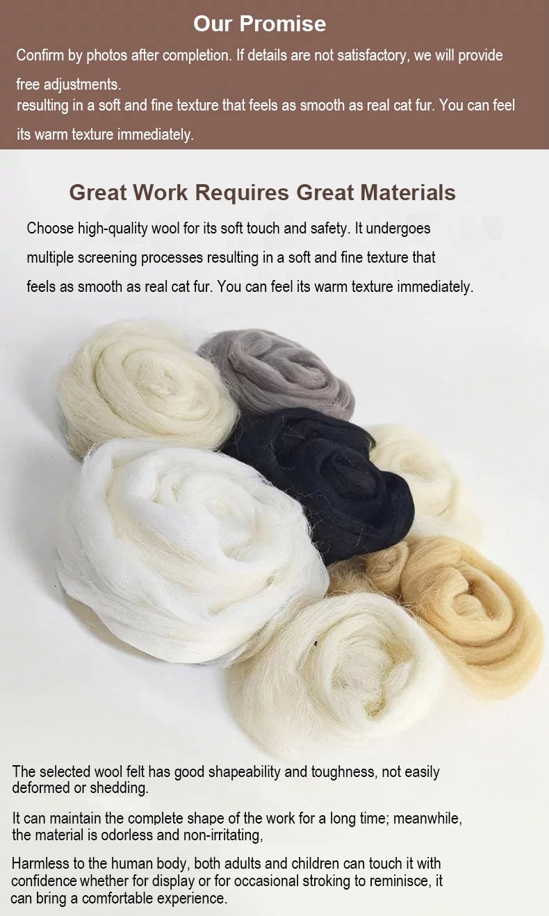 High-quality wool materials for custom needle felted pet sculptures, soft texture, durable, non-toxic, safe for pets and humans, with free adjustment service promise