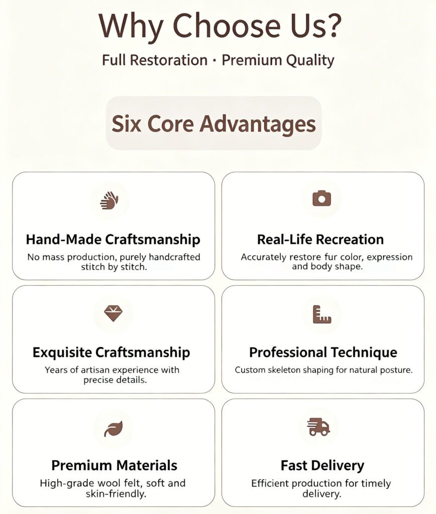 Why Choose Us infographic for custom pet statues: 6 core advantages including handmade craftsmanship, real-life recreation, exquisite detail, professional technique, premium materials, and fast delivery
