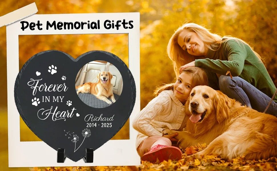Pet Memorial Gifts: Personalized Heart-Shaped Cat Grave Marker with Photo, Custom Forever in My Heart Pet Remembrance Plaque, Garden Slate Tombstone for Cat Owners, Sympathy Pet Loss Keepsake