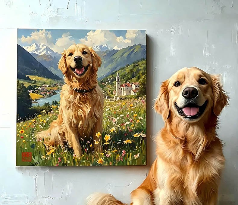 Custom Golden Retriever Pet Portrait Oil Painting in Mountain Countryside Style - Framed Art Example