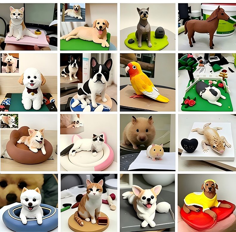 Collection of custom handmade polymer clay pet figurines, personalized sculptures for dogs, cats, birds, hamsters and other pets, made from photos