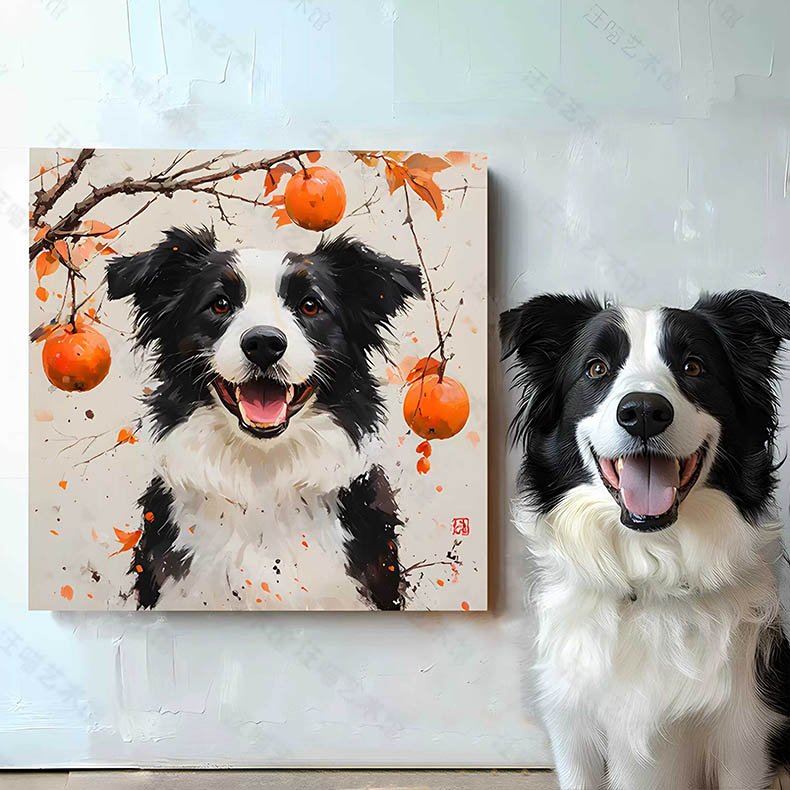 Custom Pet Portrait in Autumn Persimmon Background Oil Painting Style - Dog Artwork