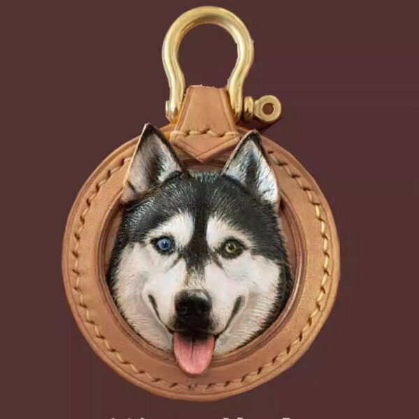 3D hand sculpted full leather pet portrait keyring, custom handmade pet photo memorial keychain for animal lovers