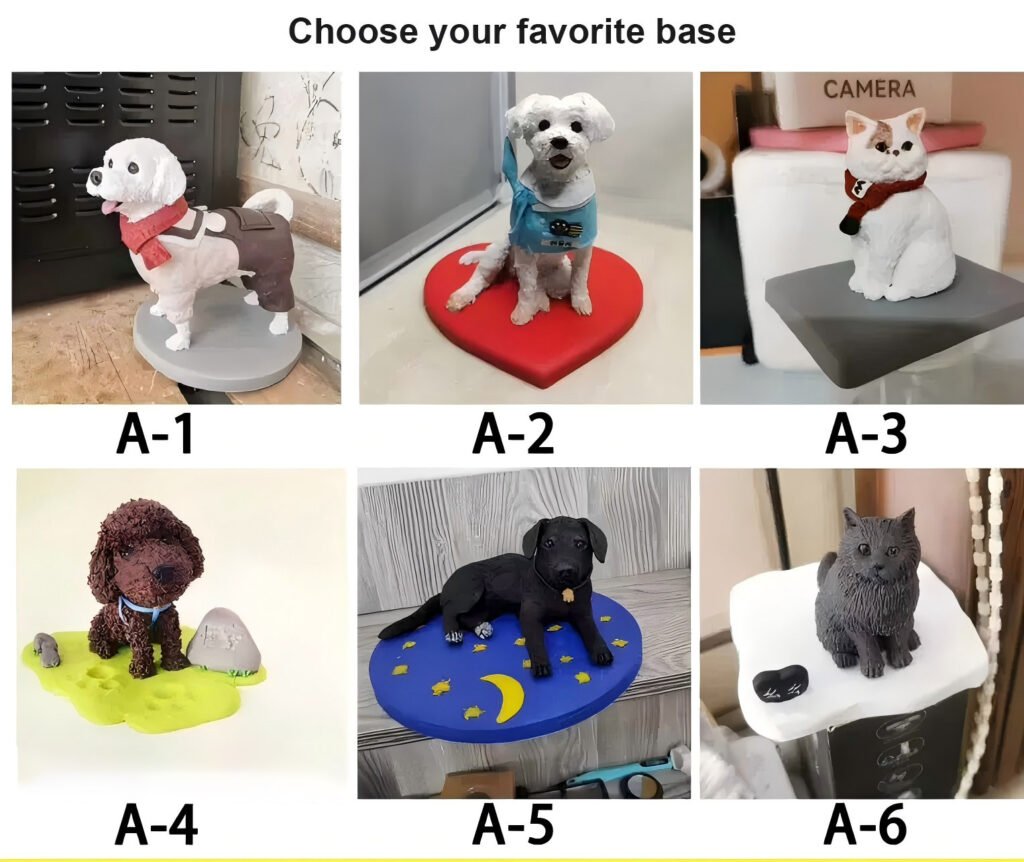 A1-A6 free base options for custom polymer clay pet figurines, choose your favorite base for handmade dog and cat sculptures