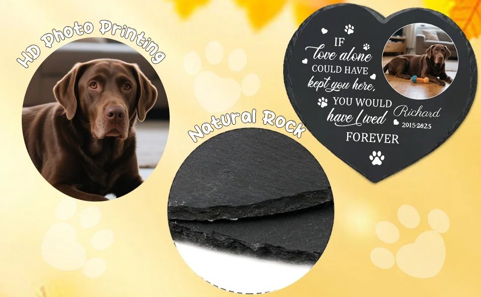 HD Photo Printing & Natural Rock Pet Memorial Stone, Personalized Heart-Shaped Dog Grave Marker with Custom Photo, Forever in My Heart Pet Remembrance Plaque Made of Slate