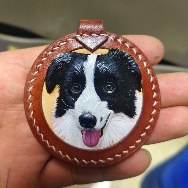 Custom hand carved full leather 3D pet portrait keychain, personalized handmade pet memorial keepsake gift