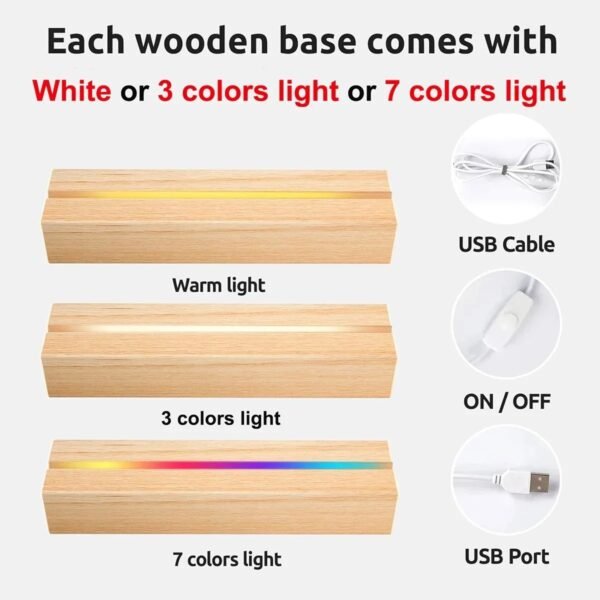 3 light options for wooden base of pet memorial night light: warm white, 3-color and 7-color LED, with USB cable and control switch