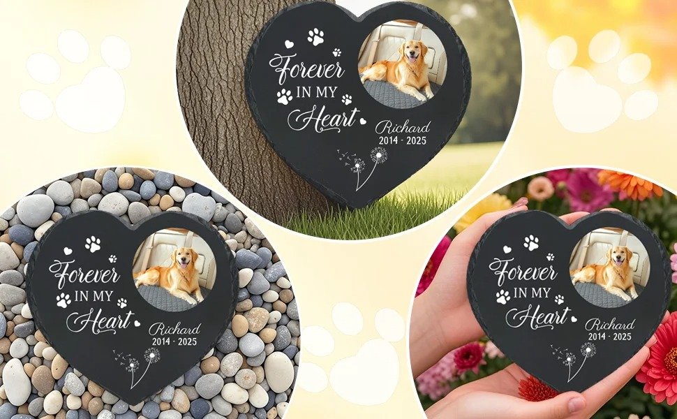 Forever in My Heart Personalized Cat Memorial Stone, Heart-Shaped Slate Grave Marker with Custom Photo & Name, Garden Outdoor Display, Pet Loss Remembrance Keepsake
