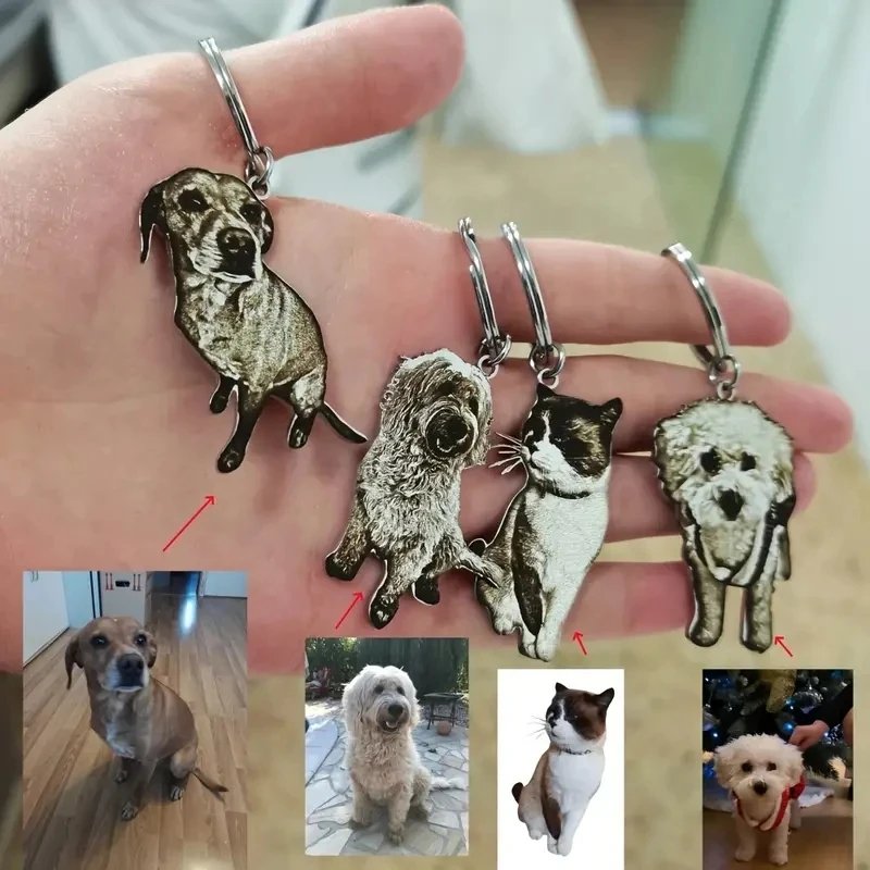 Multiple styles of personalized pet memorial keychains, custom dog and cat photo key rings, pet keepsake pendants collection
