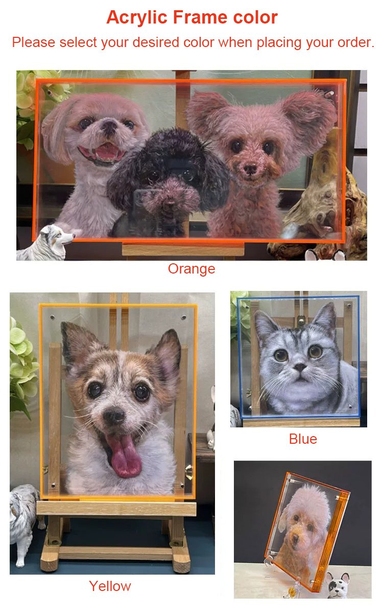 Acrylic Frame Color Selection Chart, Multi-Pet Portrait With Orange & Blue Clear Acrylic Border Options