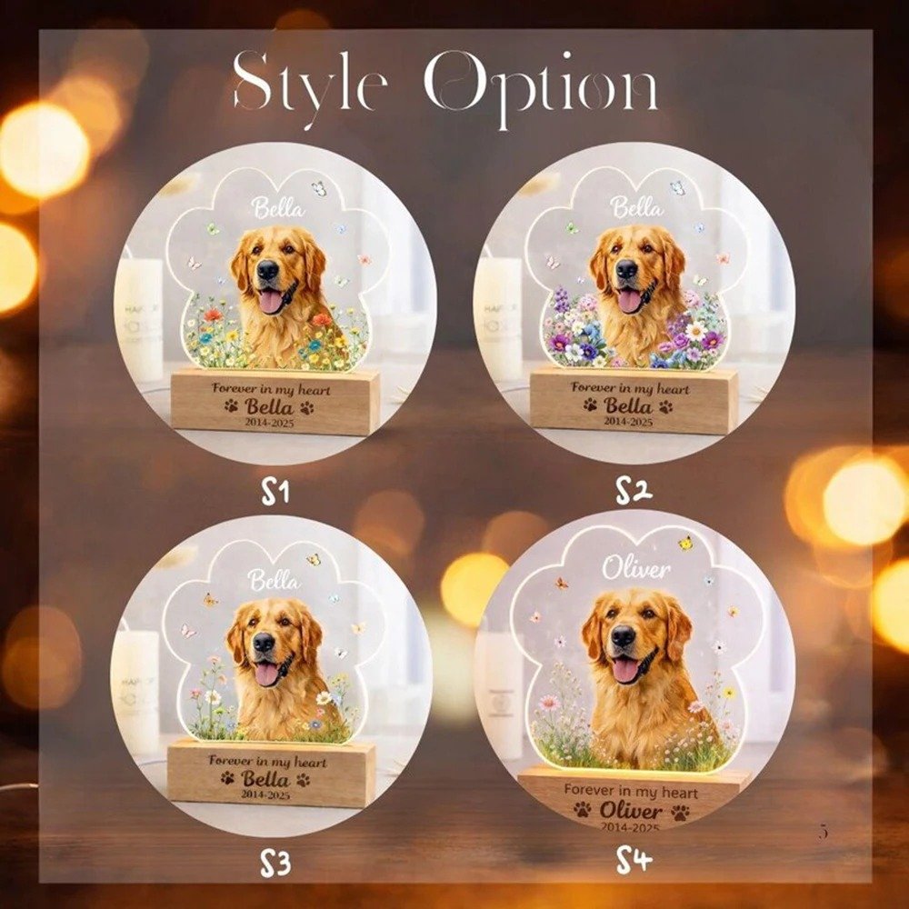 4 style options for personalized pet memorial crystal ball night light, pet photo lamp with wooden base, keepsake gift for pet loss
