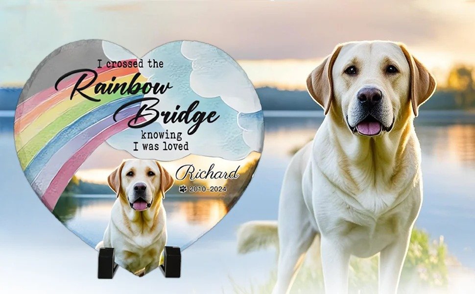 Rainbow Bridge personalized pet memorial stone with dog photo, heart-shaped slate grave marker, pet loss keepsake with rainbow design for dog owners