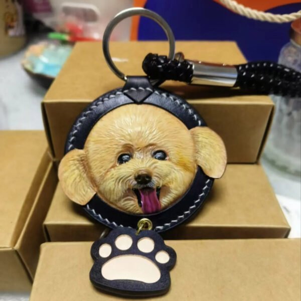 3D hand-carved full leather pet portrait keychain with gift box packaging, custom handmade pet memorial present for animal lovers