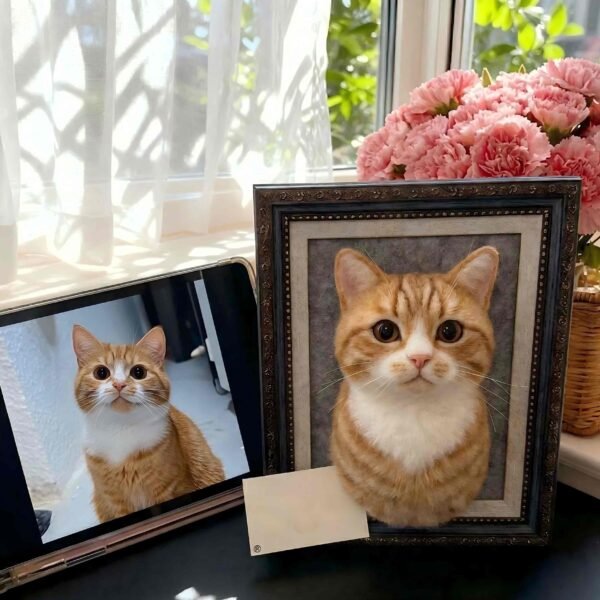 Handmade custom wool felt shorthair cat framed portrait, personalized pet memorial shadow box crafted from your cat’s photo, lifelike realistic fur keepsake home decoration