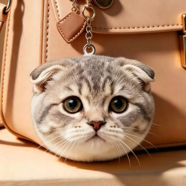 Hand needle felted realistic Scottish Fold cat head bag hanging charm, personalized custom cat photo keychain ornament, handmade lifelike wool felt memorial gift for cat lovers