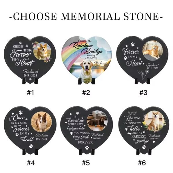 6 design styles for personalized pet memorial stones, heart-shaped slate grave markers with photo, name, date and quotes, custom cat and dog loss remembrance keepsakes