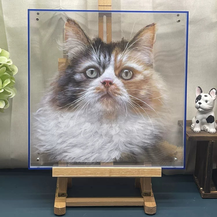 Custom Hand Painted 3D Layered Acrylic Longhair Cat Portrait, Frameless Blue Edge Clear Acrylic Pet Memorial Art