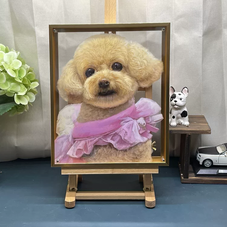 Custom Hand Painted 3D Layered Acrylic Poodle Portrait, Dark Solid Wood Framed Pet Memorial Keepsake Decor