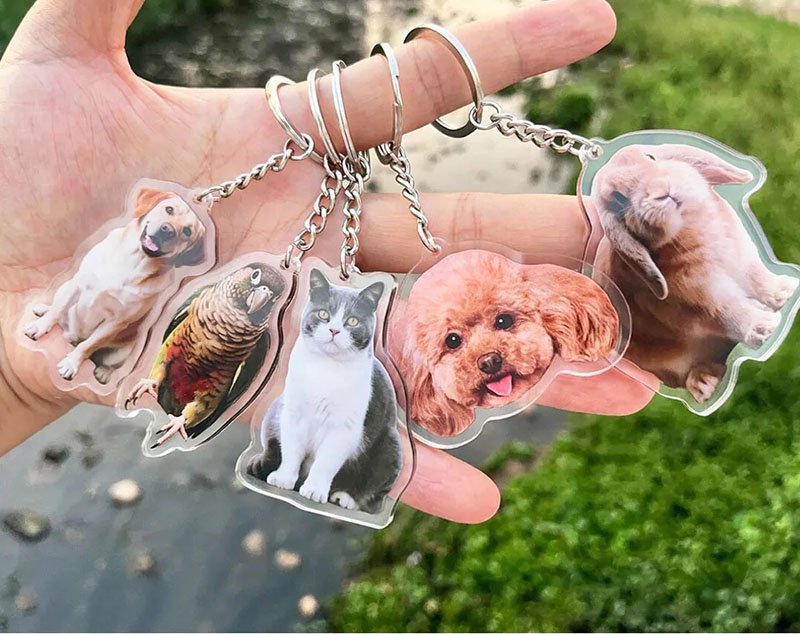Multiple personalized acrylic pet photo keychains, custom dog and cat portrait charms, transparent pet memorial keyring collection