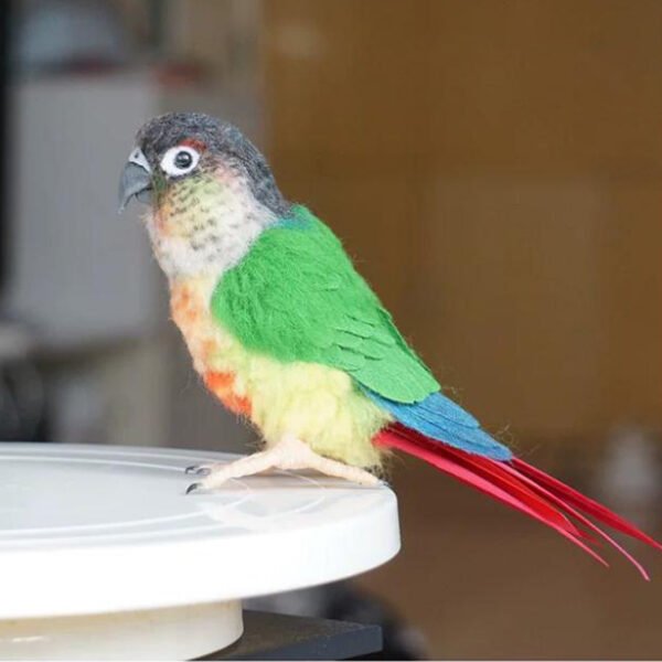Needle Felted Green Cheek Conure Figurine, Handmade Colorful Wool Parrot Table Ornament