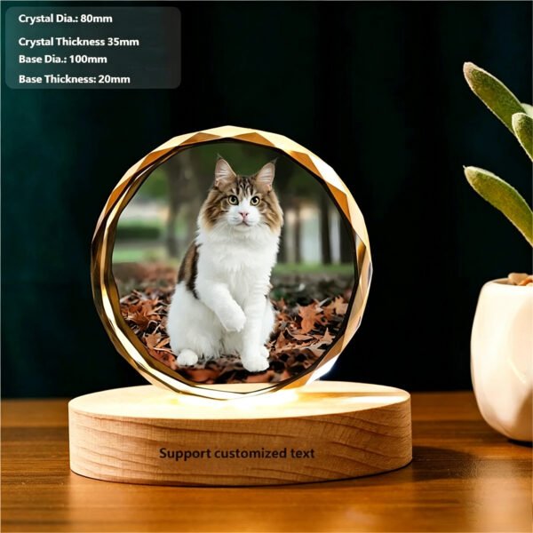 8cm Round Faceted Crystal Printed colorful Photo Plaque with Wooden Base
