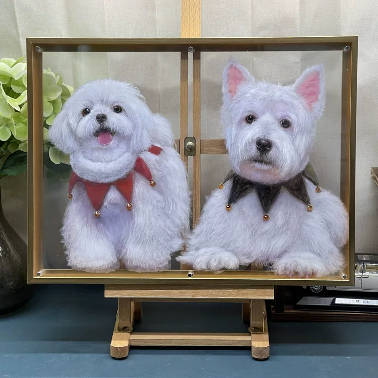 Custom Dual Dog 3D Layered Acrylic Portrait, Bichon & Westie Solid Wood Framed Pet Loss Memorial Art