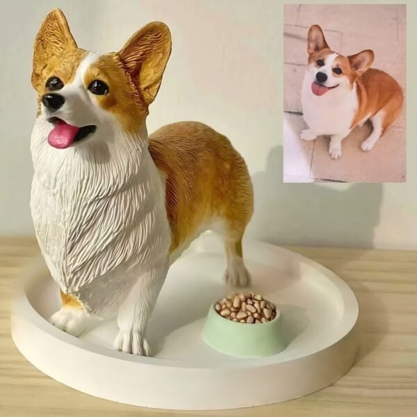 Custom polymer clay corgi dog figurine with food bowl, handmade personalized pet sculpture from photo, A1 free base option