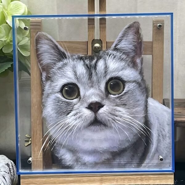 Custom Hand Painted 3D Layered Acrylic Cat Portrait Frame, Personalized Silver Tabby Cat Memorial Decor