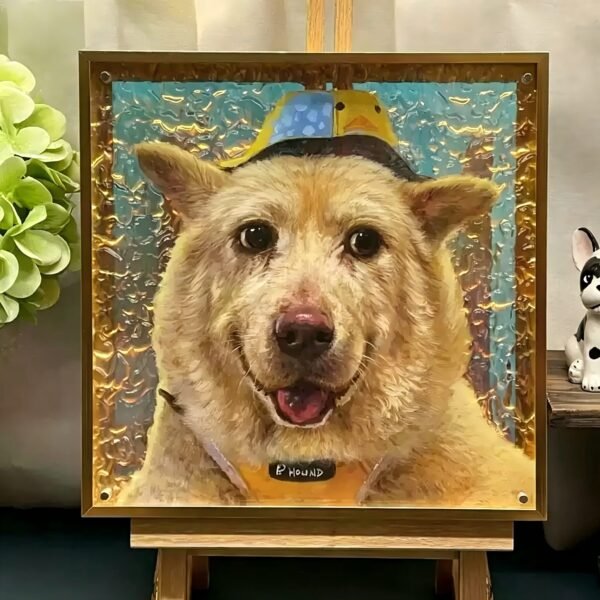 Custom Hand Painted 3D Layered Acrylic Dog Portrait, Yellow Mixed Breed Dog with Brushed Gold Aluminum Frame Pet Memorial Art