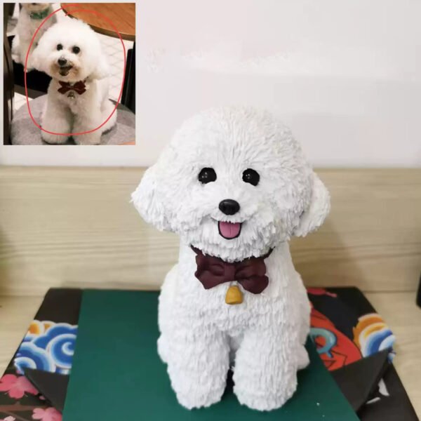 Custom polymer clay poodle dog figurine with bow tie, handmade personalized pet sculpture from photo, A5 base option