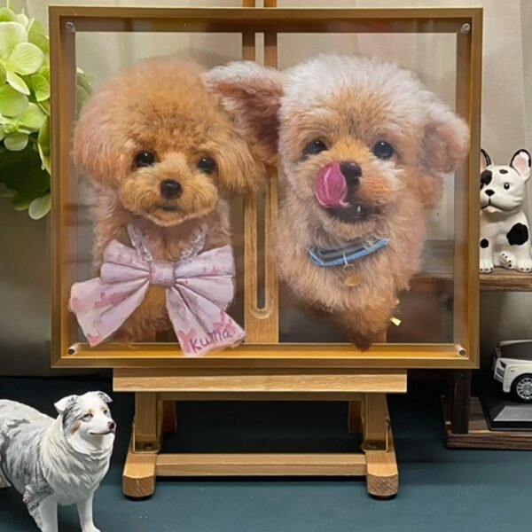 Custom Dual-Pet 3D Layered Acrylic Portrait, Two Poodle Dogs Brushed Gold Aluminum Framed Memorial Art
