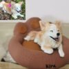 Custom polymer clay corgi dog figurine on A6 cat-shaped pet bed base, handmade personalized sculpture from photo, free base option