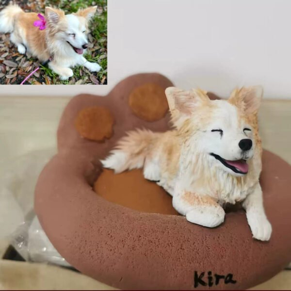 Custom polymer clay corgi dog figurine on A6 cat-shaped pet bed base, handmade personalized sculpture from photo, free base option