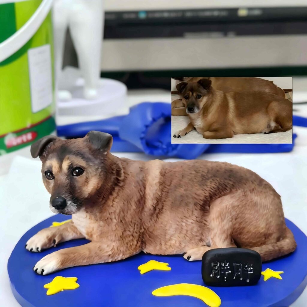 Custom polymer clay dog figurine on A7 blue base with moon and star details, handmade personalized sculpture from photo