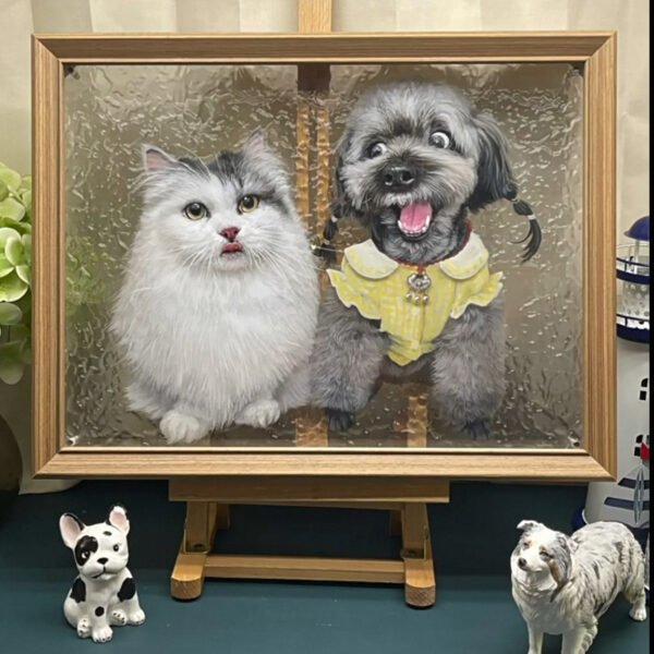 Custom Dual Pet Layered Acrylic Portrait, Fluffy Cat & Schnauzer Solid Wood Framed Pet Memorial Wall Decor