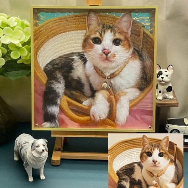 Custom Hand Painted Layered Acrylic Cat Portrait vs Original Pet Photo, Solid Wood Framed Custom Art Comparison