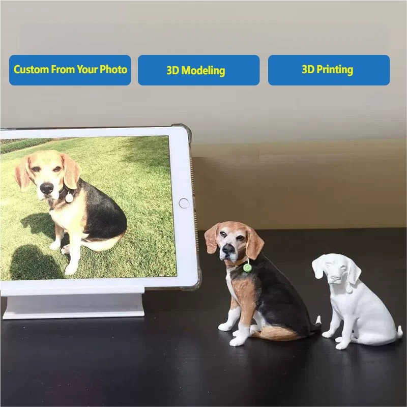 Custom 3D printed beagle dog figurine comparison, personalized pet sculpture made from photo