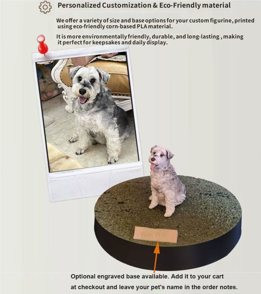 Custom 3D printed schnauzer dog figurine with engraved base, personalized pet sculpture made from photo