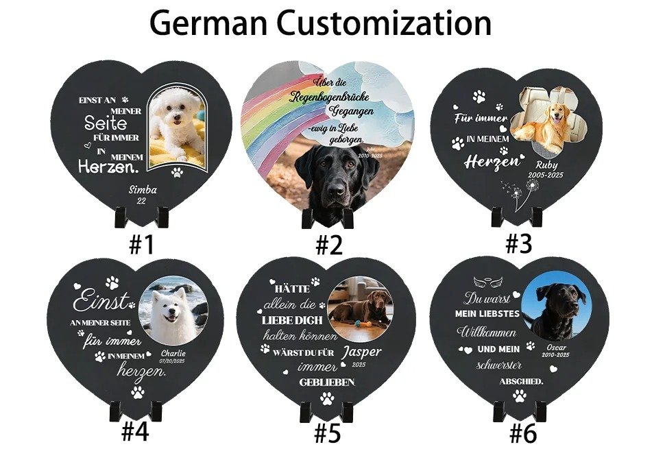 German Customized Heart-Shaped Pet Memorial Stone with Photo, Personalized Cat Grave Marker Plaque, Customizable German Text Pet Tombstone, Garden Slate Pet Loss Remembrance Keepsake for Cats