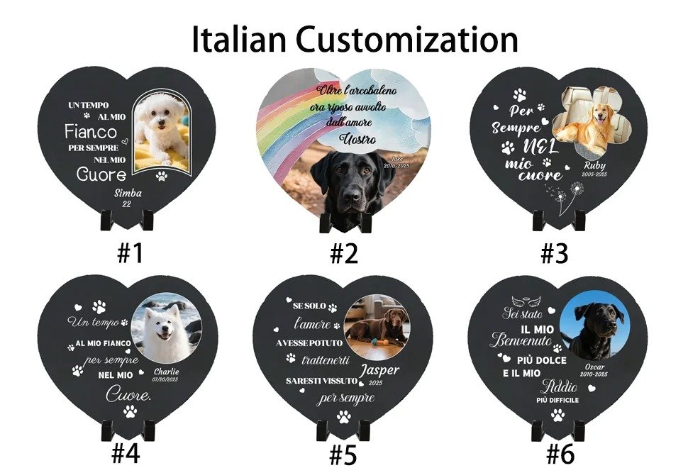 Italian Customized Heart-Shaped Pet Memorial Stone with Photo, Personalized Cat Grave Marker Plaque, Customizable Italian Text Pet Tombstone, Garden Slate Pet Loss Remembrance Keepsake for Cats