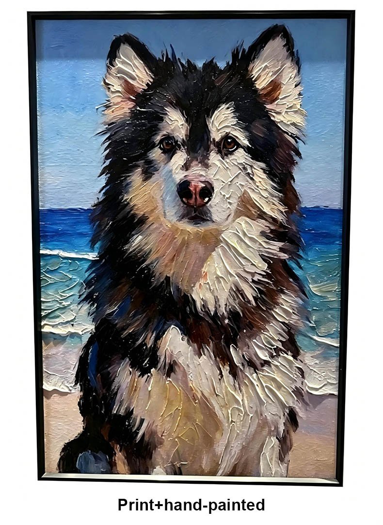 Print + hand-painted custom dog portrait oil painting with textured brush strokes