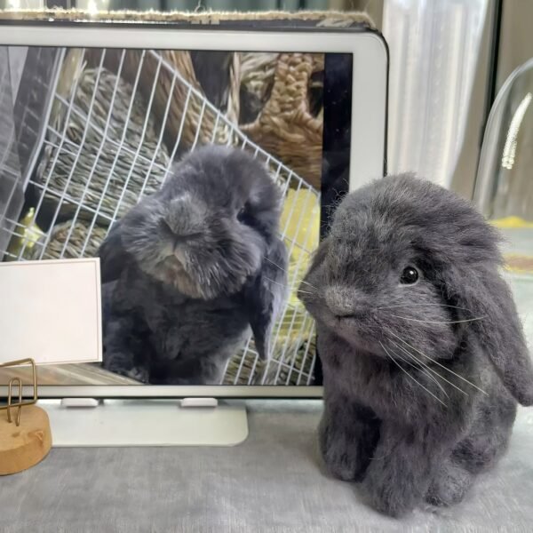 Custom wool felt grey lop bunny statue, handmade pet memorial figurine customized from real pet photo