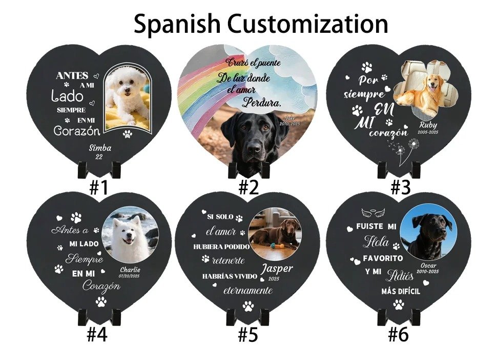 Spanish Customized Heart-Shaped Pet Memorial Stone with Photo, Personalized Cat Grave Marker Plaque, Customizable Spanish Text Pet Tombstone, Garden Slate Pet Loss Remembrance Keepsake for Cats
