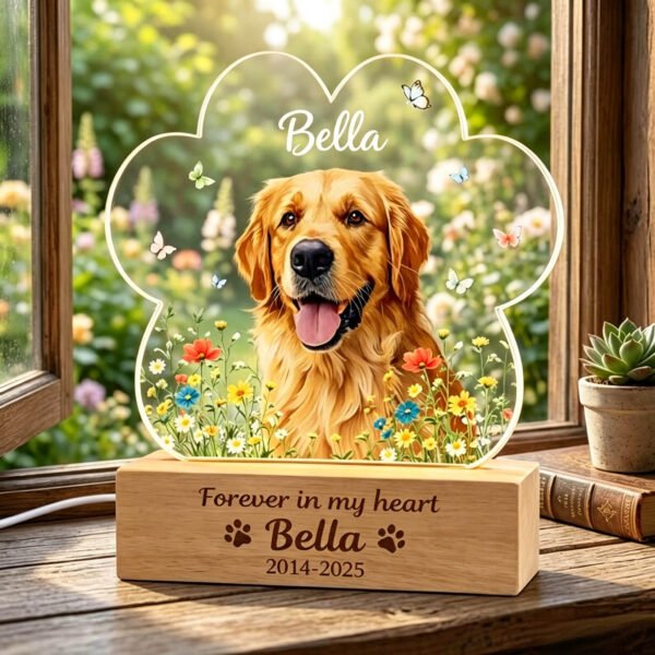 Personalized dog memorial night light, custom engraved photo lamp with flower and butterfly design, paw-shaped acrylic LED light with wooden base, sympathy keepsake gift for pet loss