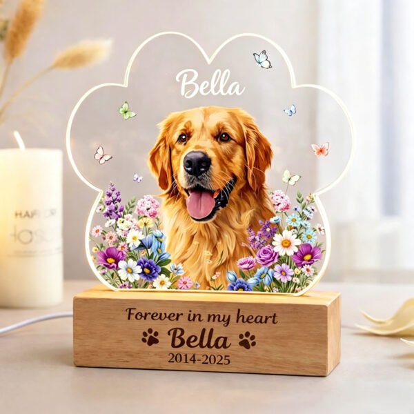 Custom dog memorial night light with vibrant flower border, personalized name and date, paw print acrylic lamp with wooden base, pet sympathy keepsake for dog loss