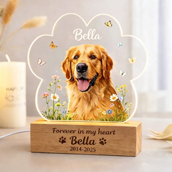Personalized paw-shaped dog memorial night light, simple wildflower border, pet name and date, custom acrylic photo lamp for dog loss keepsake