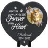 Personalized pet memorial stone with photo, heart-shaped slate grave marker, Forever in My Heart design with floral accents, custom cat and dog remembrance plaque for garden and home