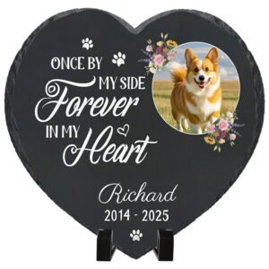 Personalized pet memorial stone with photo, heart-shaped slate grave marker, Forever in My Heart design with floral accents, custom cat and dog remembrance plaque for garden and home